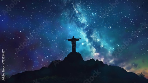 Jesus Christ silhouette standing on a peak  hands raised towards the stars