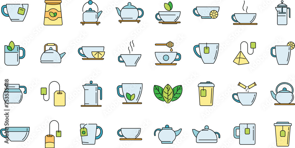 Tea icons set outline vector. Beverage drink. Glass hot water color line isolated