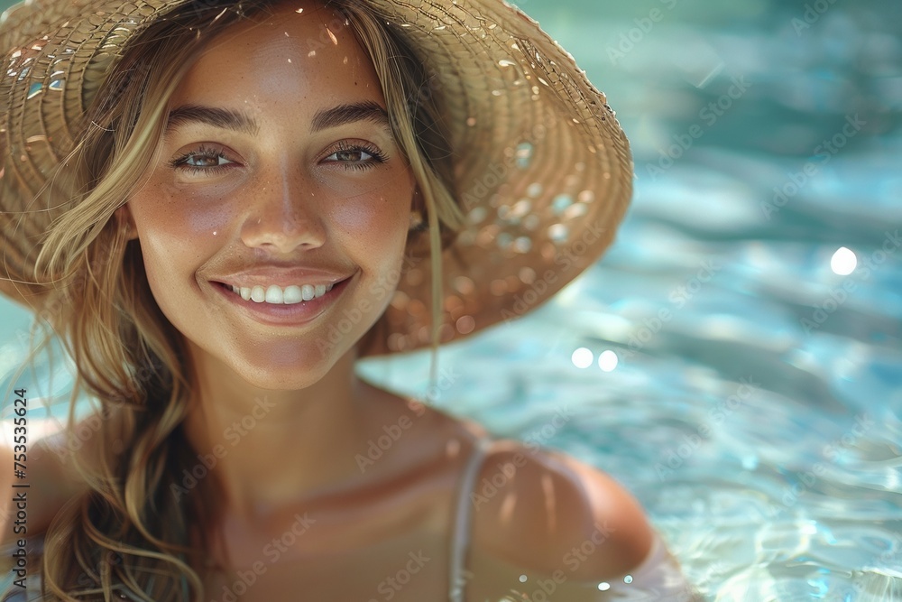 A sexy and slim woman in a straw hat enjoys a relaxing vacation by the pool, embodying health and happiness. - obrazy, fototapety, plakaty 
