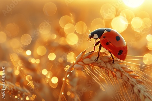 A ladybug on a wet ear  capturing the purity and beauty of nature after rainfall.