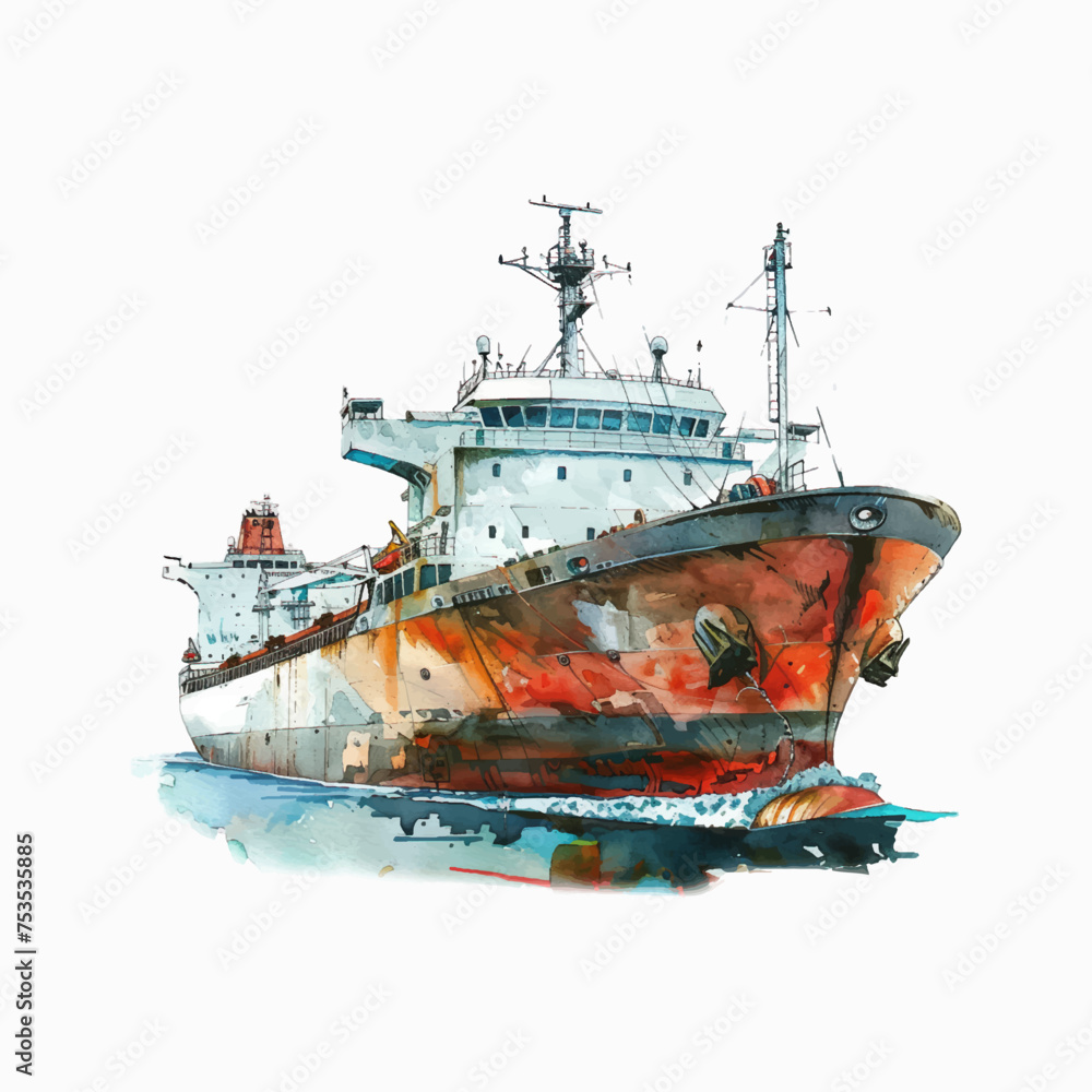Watercolor cargo transport ship on white background