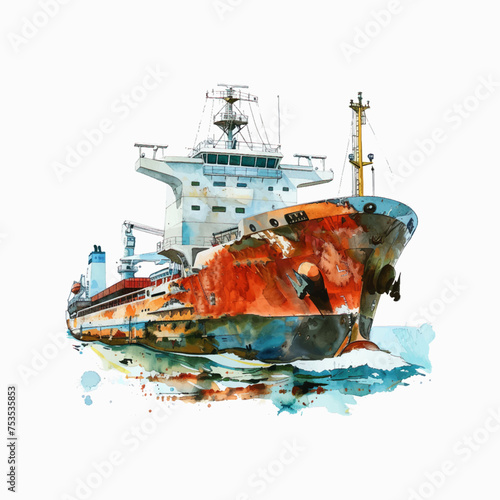 Watercolor cargo transport ship on white background