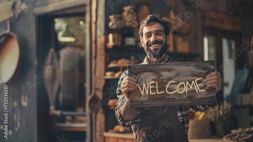 A grocery store owner holding a "welcome" sign.