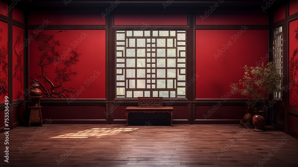empty classic red chinese room - obrazy, fototapety, plakaty 