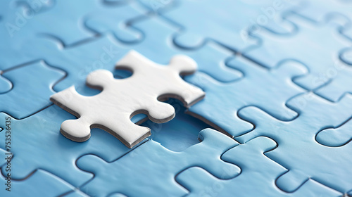 Jigsaw puzzle with missing piece concept of incomplete task in business strategy photo