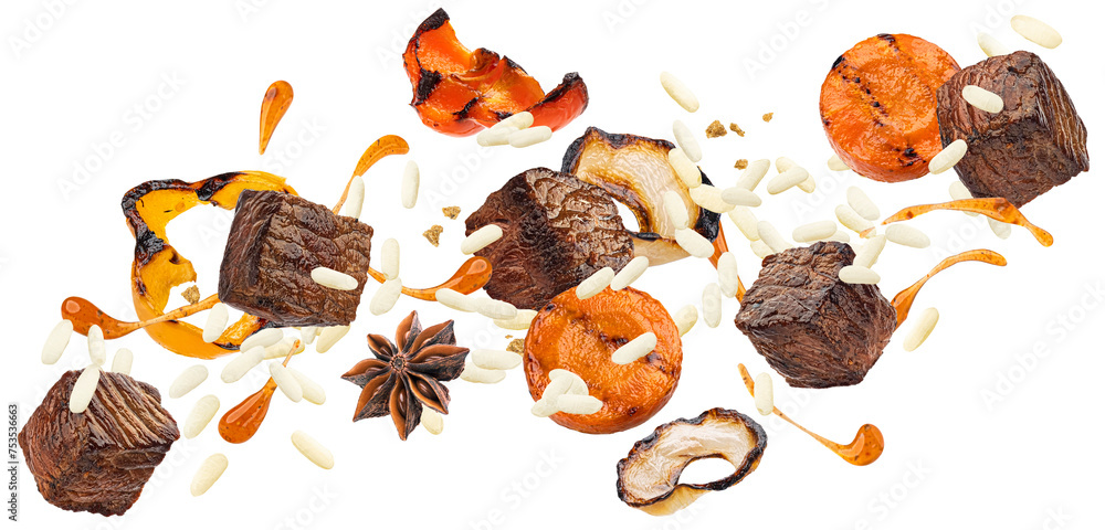 Beef pilaf ingredients isolated on white background Beef pilaf ingredients isolated on white background