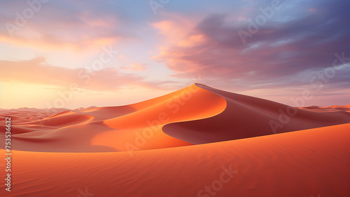 A quiet desert during sunset  portraying a tranquil and serene scene with the warm hues of the setting sun casting a peaceful glow over the landscape.