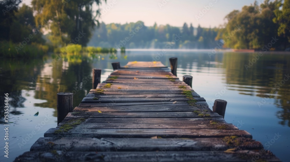 Old wooden jetty on tranquil lake, peaceful and rustic. - obrazy, fototapety, plakaty 