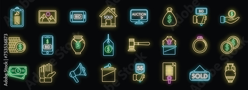 Auction icons set outline vector. Online charity. Internet property neon isolated