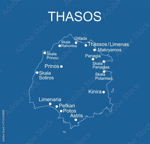 Greek Island Thasos map vector line contour silhouette illustration isolated on blue background.  Thassos map in Greece. Aegean Sea paradise island territory. photo