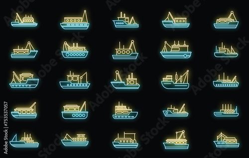 Fishing boat icons set outline vector. Cargo marine. Ocean ship neon isolated