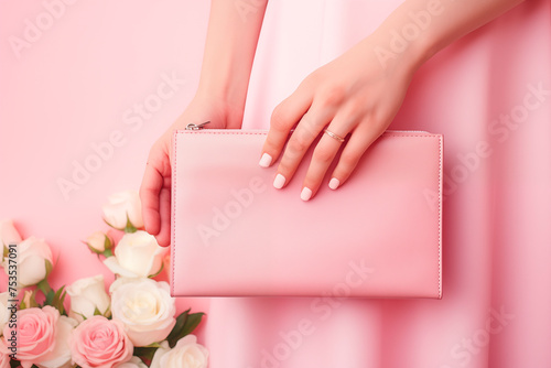 Woman holds pink bag and bouqet roses  in her hand on pink background. photo