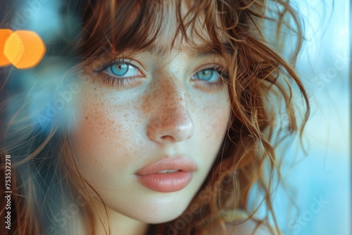 The image captures the striking blue eyes and freckled face of a young woman with beautifully textured curly hair, conveying depth and emotion