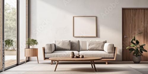 Minimal living room interior with a wooden table, carpet, grey sofa, and door captured in a real photo. © Lasvu