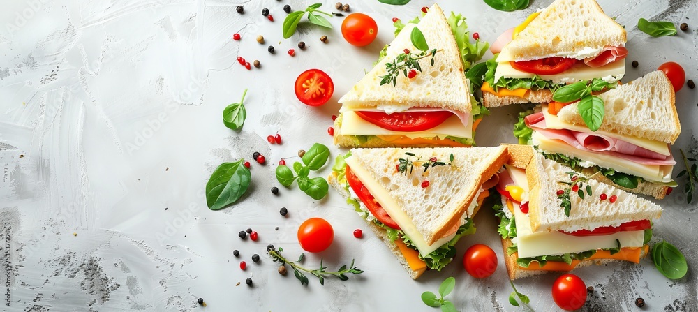Triangle ham, cheese, and tomato sandwich with salad on bright white background, copy space included Triangle ham, cheese, and tomato sandwich with salad on bright white background, copy space included