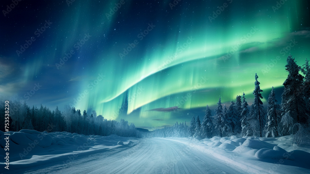 Under the cold night sky The snowy streets are lit up by the dazzling dance of the northern lights.