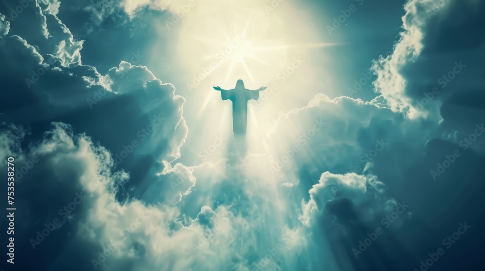 Silhouette of Jesus Christ ascending to heaven, surrounded by light and clouds, symbolizing resurrection. Silhouette of Jesus Christ ascending to heaven, surrounded by light and clouds, symbolizing resurrection.