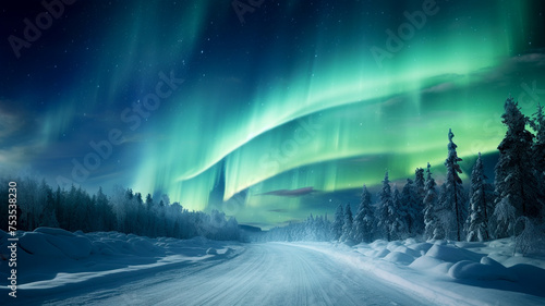 Under the cold night sky The snowy streets are lit up by the dazzling dance of the northern lights. © sema_srinouljan