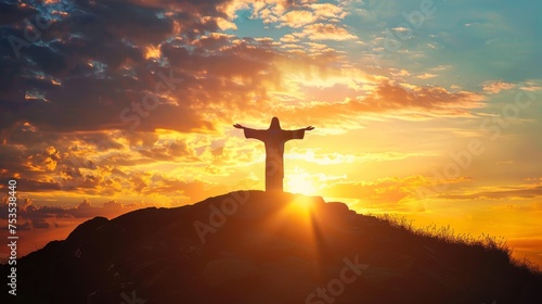 Silhouette of Jesus Christ standing on a hill during sunset, hands spread in blessing, peaceful and inspiring scene.