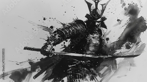 墨絵風の侍イラスト,Generative AI AI画像