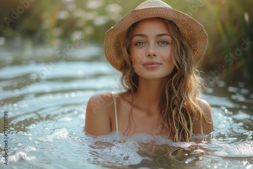 Serene woman immersed in water, wearing a straw hat smiling quietly with a sense of peace