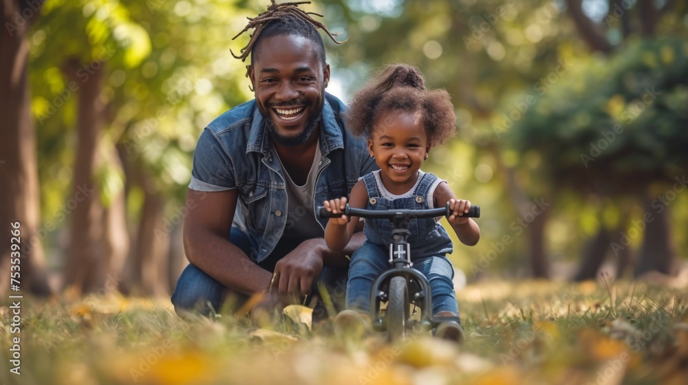 Fototapeta premium A Black father and his daughter cycling through a park.