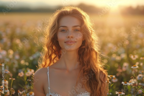 A young woman with flowing red hair standing amidst wildflowers, enjoying the warm sunset light