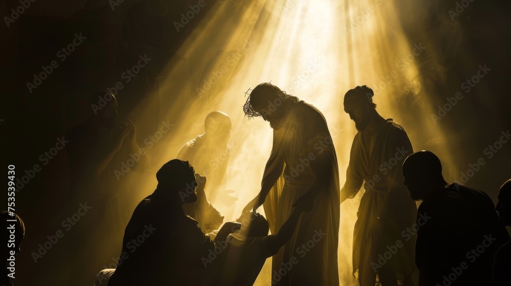 Silhouette of the man born blind from birth being healed by Jesus