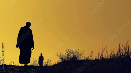 Silhouette of the rich young ruler walking away from Jesus sadly