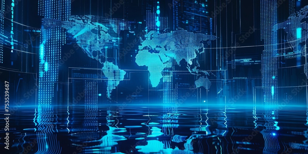 Obraz premium The background is a glowing blue world map with stock market bar charts and graphs on a dark background