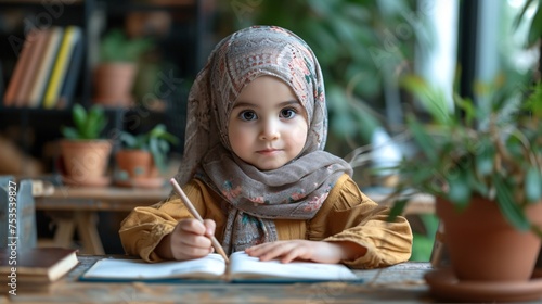 Adorable young Muslim girl studying and reading, practicing literacy skills at home. photo