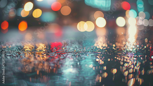 Dazzling bokeh lights reflect on wet urban street, a symphony of colors.