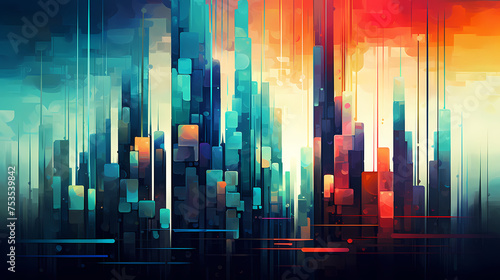 Epic sci-fi cityscape illustration with light effects, abstract background