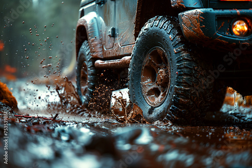 dirty wheel with tire of a driving SUV 4x4 in rain on a dirt and wet off road adventure to nature © alexkoral