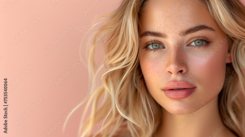 Blonde woman with freckles, blue eyes, and pink background. Blonde woman with freckles, blue eyes, and pink background.