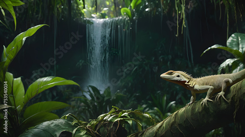 Lizard on the background of a waterfall