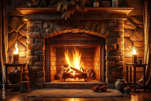 A cozy fireplace with crackling flames and glowing embers. fireplace 