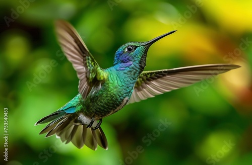 Close up photo of hummingbird in mid flight with green blur background