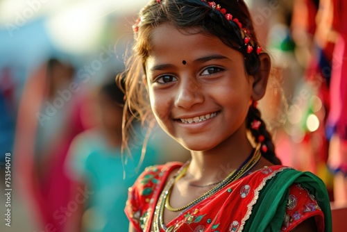 A young girl in traditional Indian attire smiling brightly. Fictional Character Created By Generated AI.