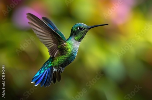 Close up photo of hummingbird in mid flight with green blur background