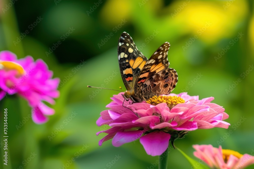 Close up photo of a butterfly perched on a pink zinnia flower Close up photo of a butterfly perched on a pink zinnia flower