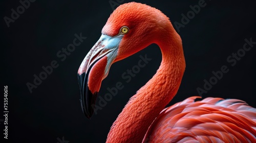 A flamingo is standing on a black background