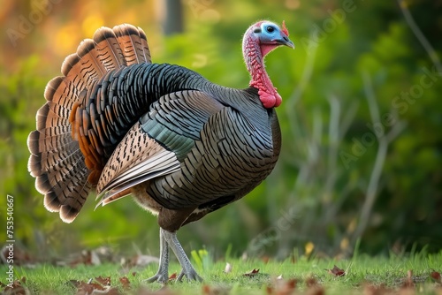 A turkey with a red neck stands in a field