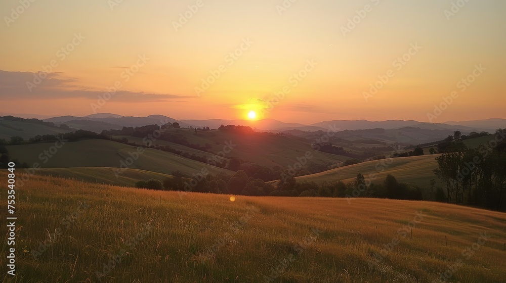 Sunset over rolling hills, peaceful and picturesque