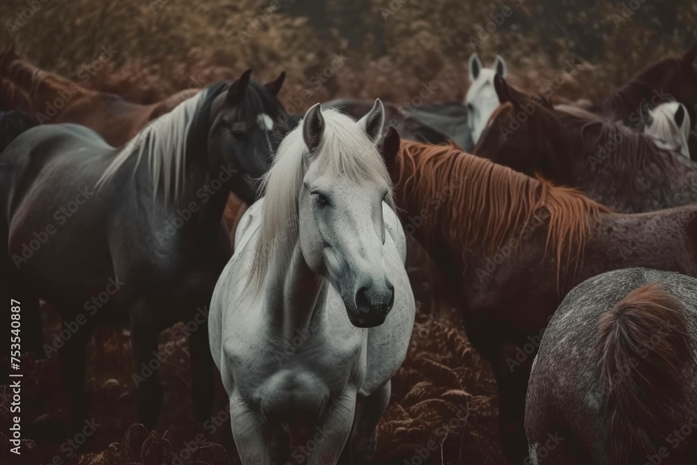 Obraz premium White horse standing among brown horses
