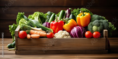 Organic vegetables placed in wooden crate on table. photo