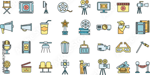 Cinematographer icons set outline vector. Cinema movie. Film video color line isolated