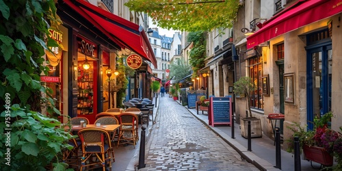 Quaint Parisian street lined with caf√© tables in France's capital. © ckybe