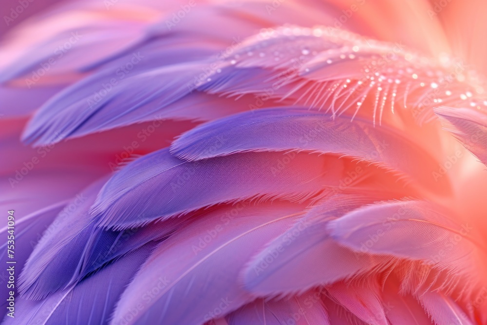 Close-up view of bright feathers of flamingo with water drops, pink violet backgrounds