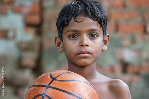 A photo of a Native American boy holding a basketball.